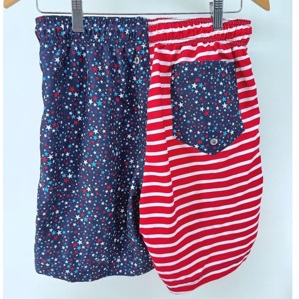Lands' End Swim Trunks Mens Medium Red White‎ Blue USA Patriotic Stars Stripes